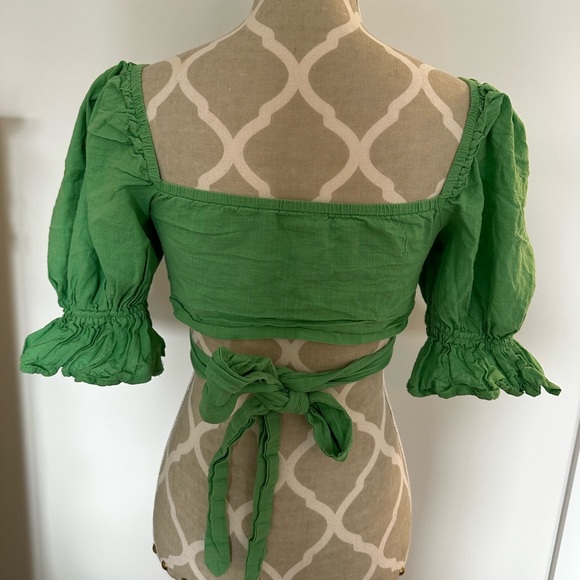 Green wrap crop top with puff sleeves tie in back - Picture 2 of 2